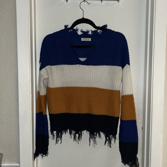 Full Circle Trends Multi Striped Fringed Boho Preppy Pullover Sweater Medium - Picture 2 of 8